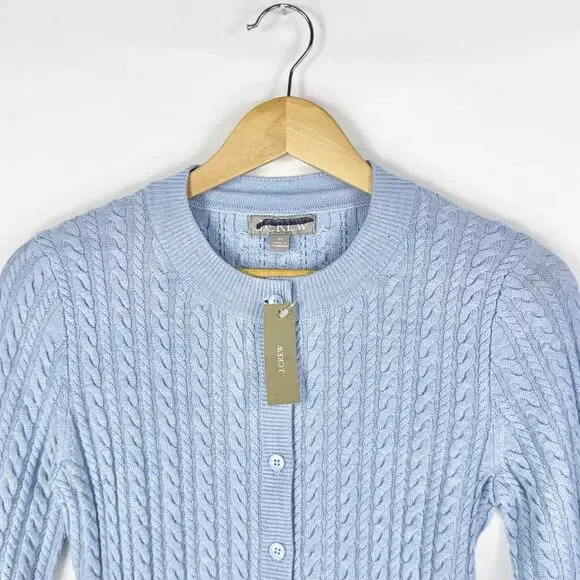 J Crew Cable Knit Crewneck Cardigan 100% Merino Wool Women's XS Blue - Picture 4 of 13